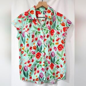 The Cats Pajamas Womens Pajama Top Size S Aqua Floral Sleep Leisure Cozy Relaxed